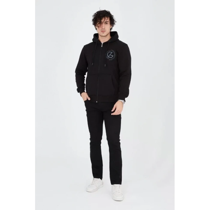 MDB Erkek Kapüşonlu Baskılı Fermuarlı Hırka  iyah