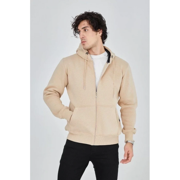 MDB Erkek Kapüşonlu Düz Fermuarlı Hırka  Bej