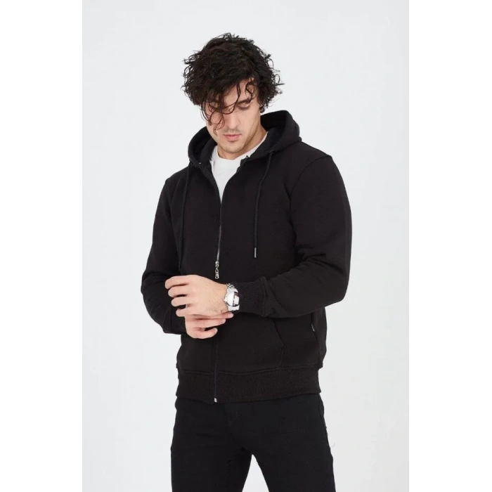MDB Erkek Kapüşonlu Düz Fermuarlı Hırka  iyah
