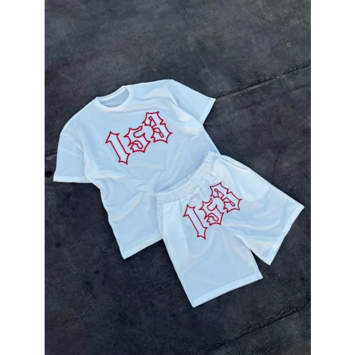 MDB Erkek Nakış İşlemeli Şortlu Takım  Beyaz