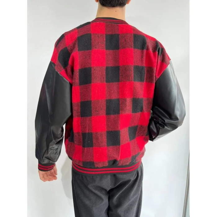 MDB Erkek Pötikare Desen Nakışlı Kolej Ceket  Kırmızı