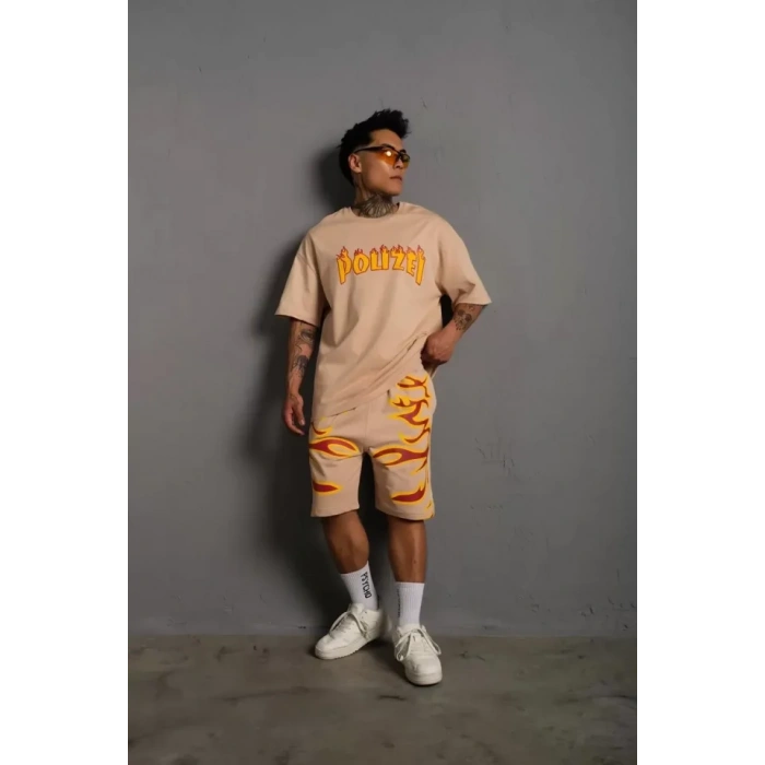 MDB Erkek Alev Baskılı İkili Şortlu Takım  Bej