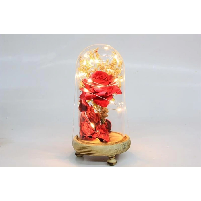 Fanus Gül 19/10cm Led Işıklı Cam Fanuslu Hediyelik