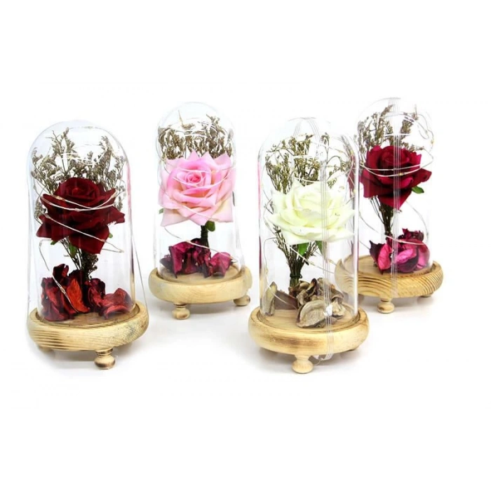 Fanus Gül 19/10cm Led Işıklı Cam Fanuslu Hediyelik