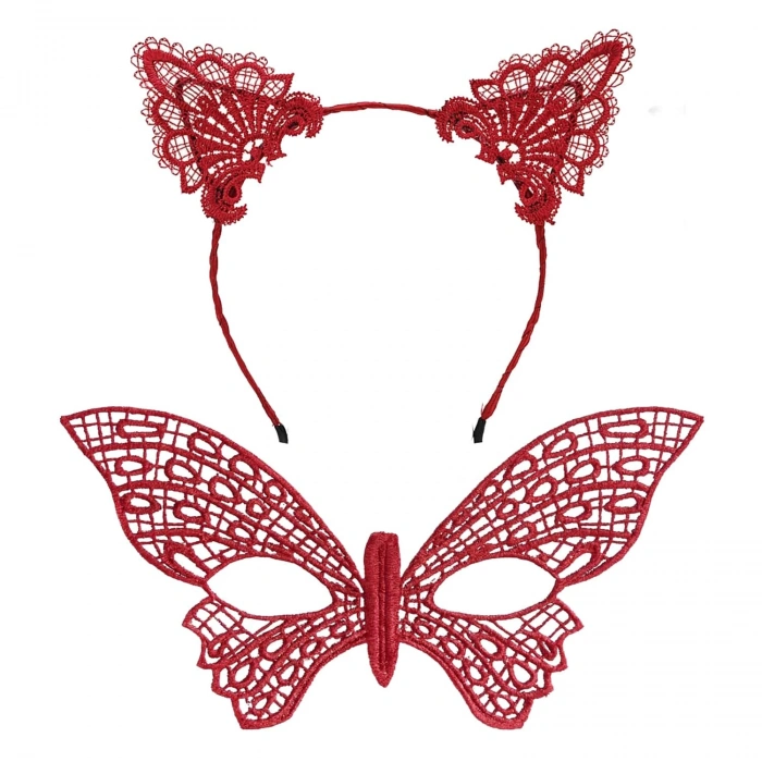 Gösterişli Kırmızı Dantel Maske ve Taç Seti 7 No