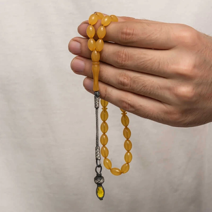 Gümüş 1000 Ayar Kazaz Püsküllü Sıkma Kehribar Tesbih