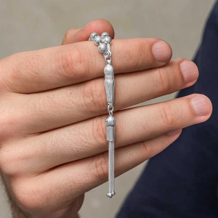 Gümüş Çizgili Yuvarlak Erkek Tesbih