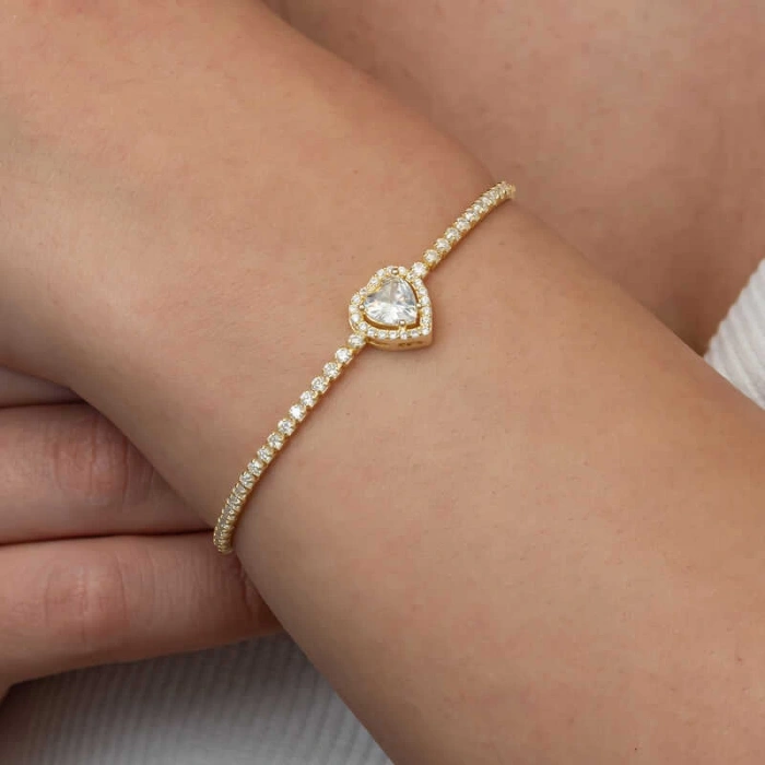 Gümüş Gold Kalpli Su Yolu Bileklik