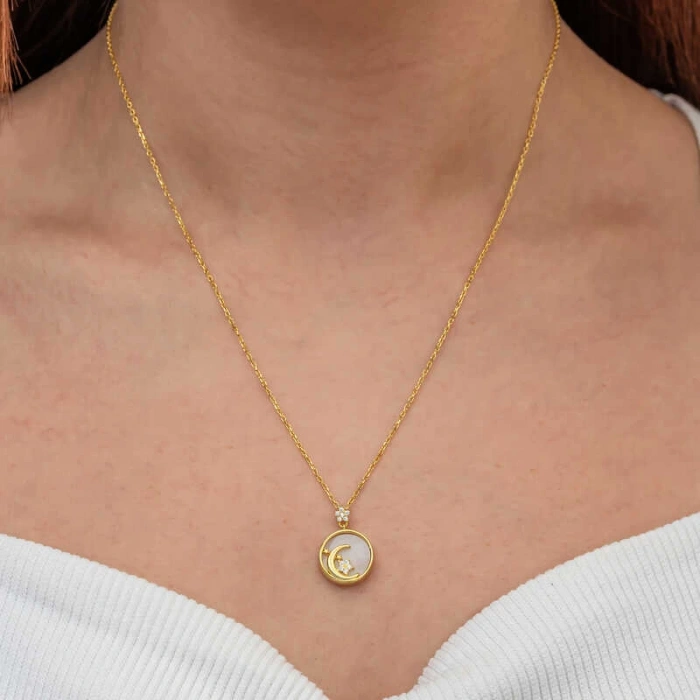 Gümüş Gold Sedef Taşlı Ay Yıldız Hilal Kadın Kolye