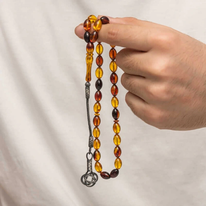 Gümüş Kazaz Püsküllü Sıkma Kehribar Tesbih