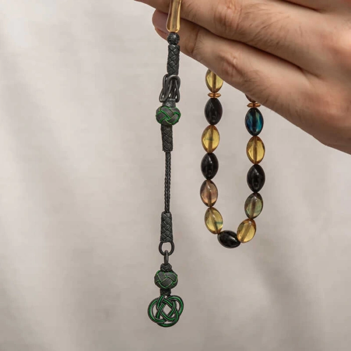 Gümüş Kazaz Püsküllü Sıkma Kehribar Tesbih