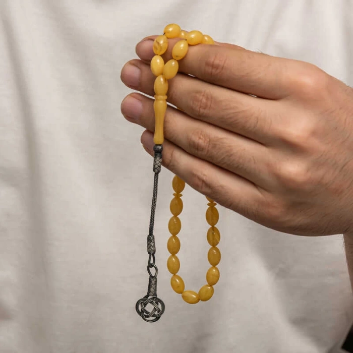 Gümüş Kazaz Püsküllü Sıkma Kehribar Tesbih