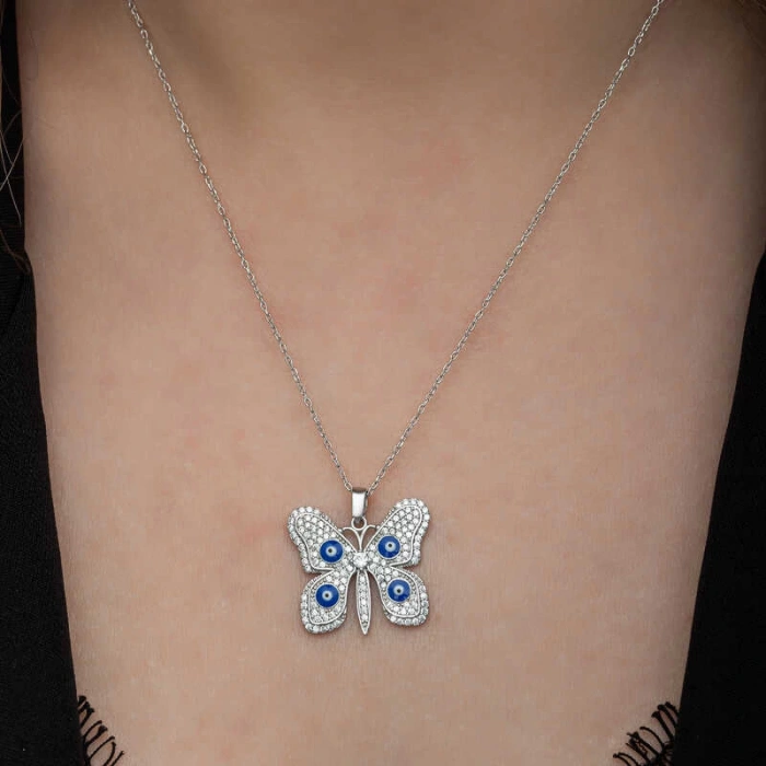 Gümüş Nazarlı Kelebek Kadın Kolye