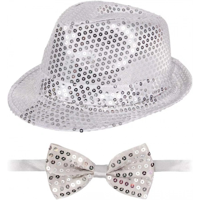 MDB Gümüş Payetli Şapka ve Papyon Seti – Parıltılı Yetişkin Kostüm Seti