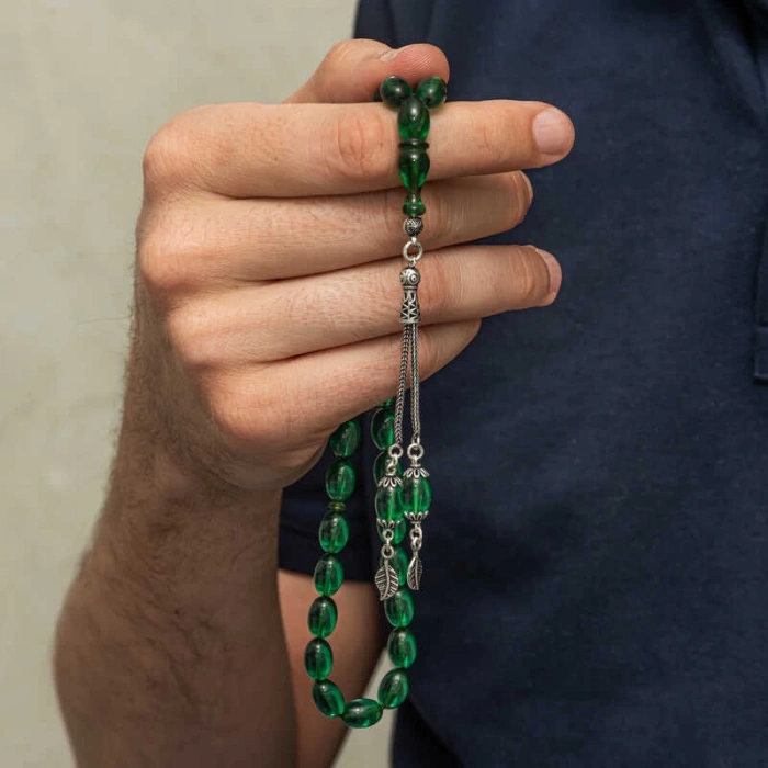 Gümüş Püsküllü Yeşil Ateş Kehribar Tesbih
