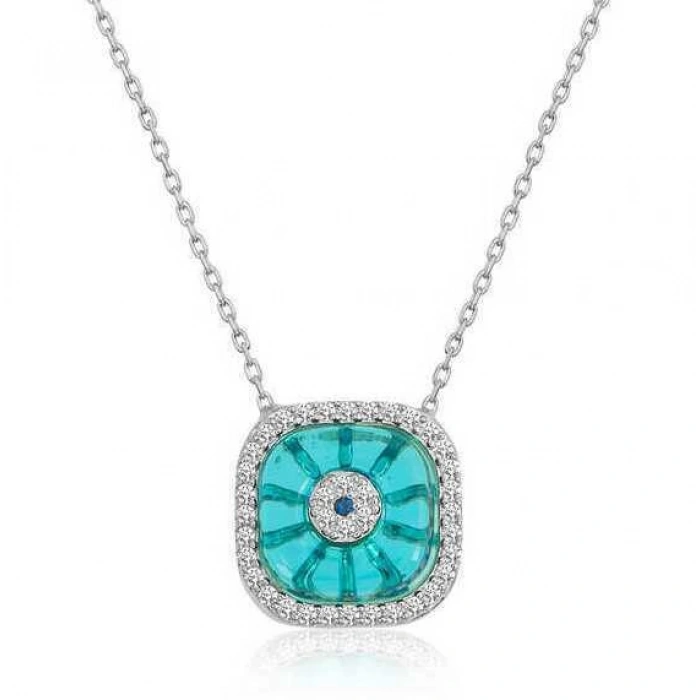 Gümüş Rodyum Kare Camgöz Nazar Bayan Kolye