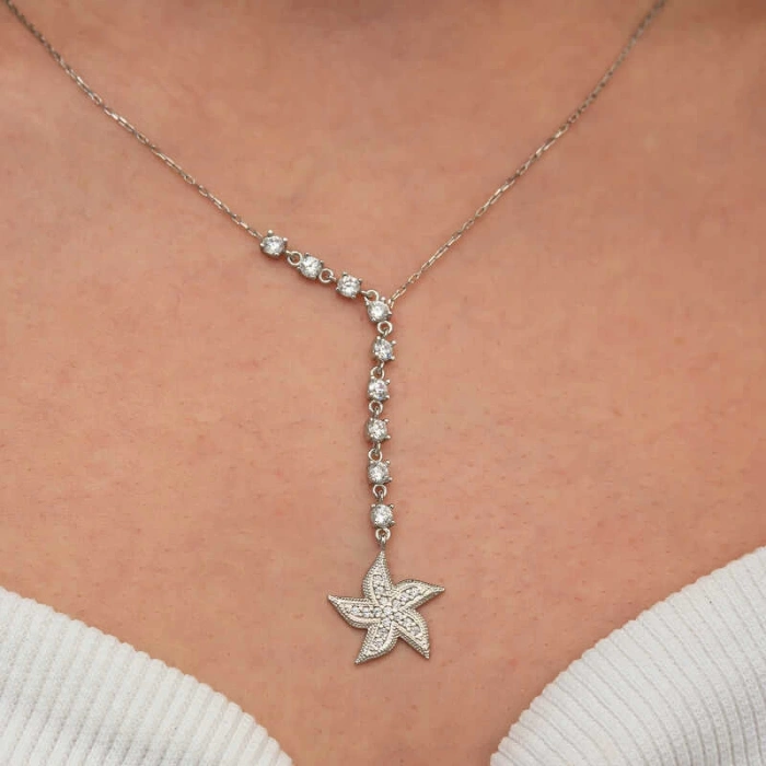 Gümüş Sıralı Zirkon Taşlı Deniz Yıldızı Kadın Kolye