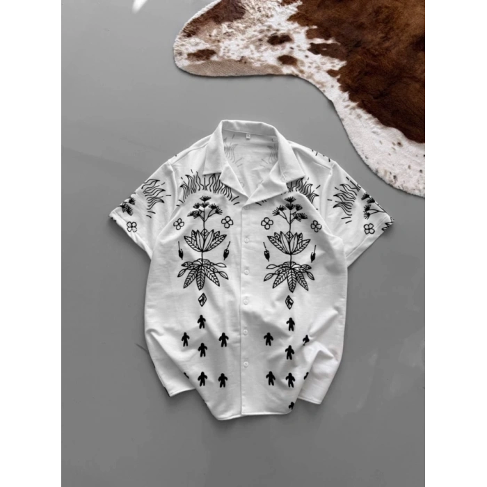MDB İki İplik Kumaş Baskılı Gömlek  Beyaz