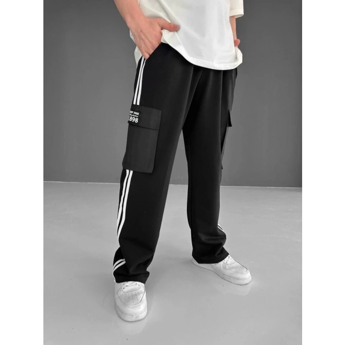 MDB İki İplik Kumaş Kargo Cepli Şeritli Alt Esofman  iyah