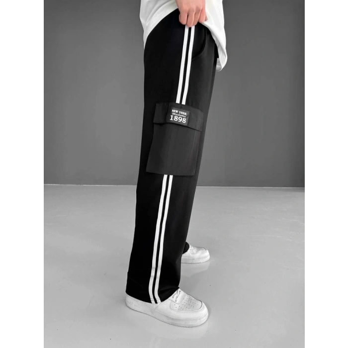 MDB İki İplik Kumaş Kargo Cepli Şeritli Alt Esofman  iyah