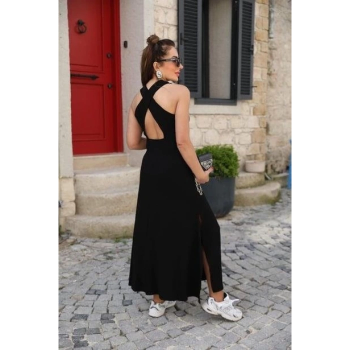 MDB Kadın Arkadan çapraz Detay Yuvarlak Yaka Maksi Viskon Elbise