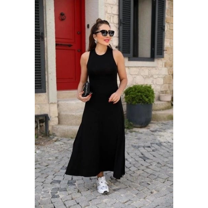MDB Kadın Arkadan çapraz Detay Yuvarlak Yaka Maksi Viskon Elbise