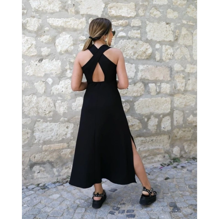 MDB Kadın Arkadan çapraz Detay Yuvarlak Yaka Maksi Viskon Elbise