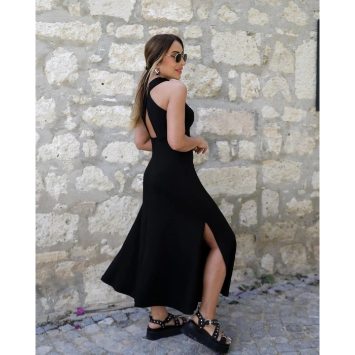 MDB Kadın Arkadan çapraz Detay Yuvarlak Yaka Maksi Viskon Elbise