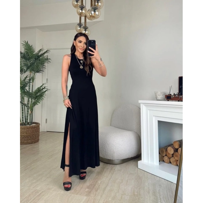 MDB Kadın Arkadan çapraz Detay Yuvarlak Yaka Maksi Viskon Elbise