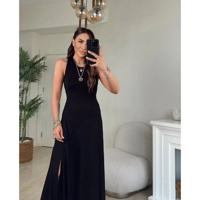 MDB Kadın Arkadan çapraz Detay Yuvarlak Yaka Maksi Viskon Elbise