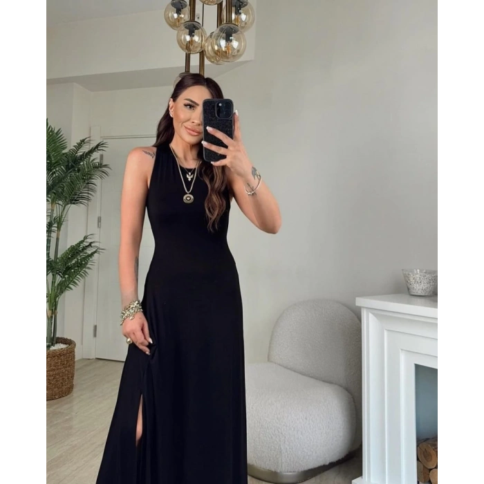 MDB Kadın Arkadan çapraz Detay Yuvarlak Yaka Maksi Viskon Elbise