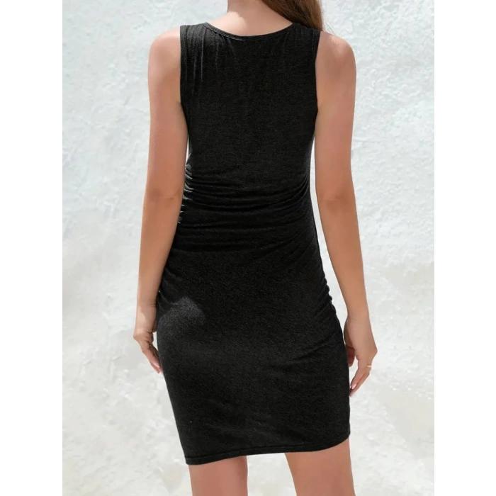 MDB Kadın Askılı Bisiklet Yaka Yandan Büzgülü önden çapraz Detay Viskon Kısa Elbise