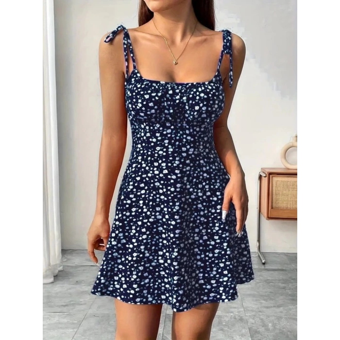 MDB Kadın Askılı Büzgü Detaylı Kare Yaka çiçek Desenli Mini Süprem Elbise