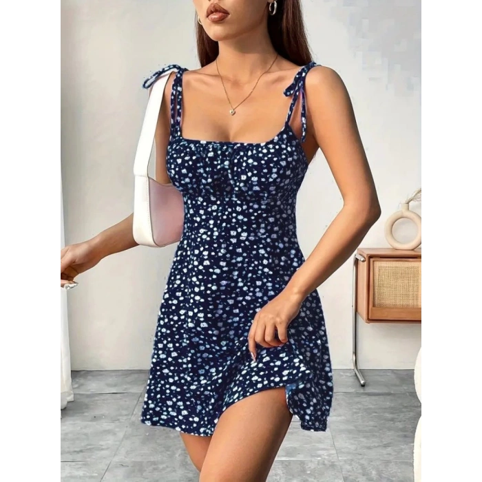 MDB Kadın Askılı Büzgü Detaylı Kare Yaka çiçek Desenli Mini Süprem Elbise