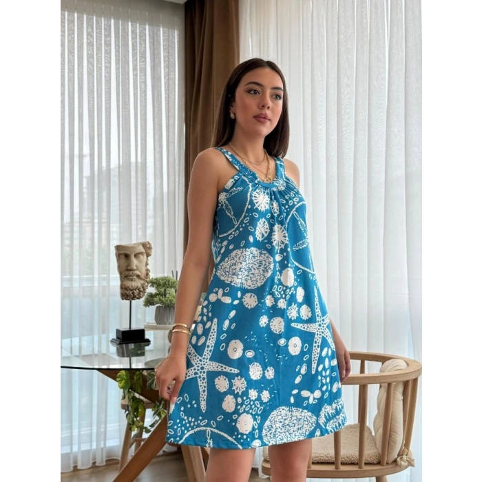 MDB Kadın Askılı Deniz Yıldızı Desenli Süprem Elbise