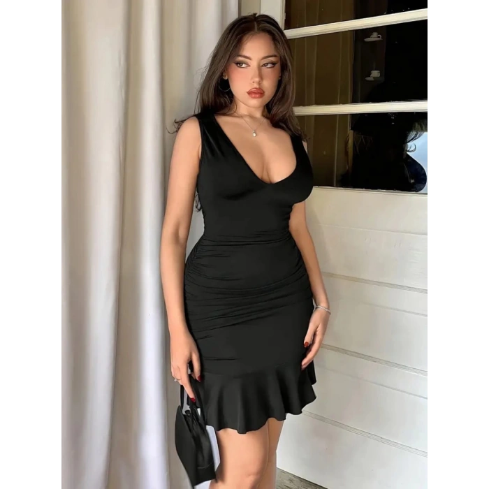 MDB Kadın Askılı Derin V Dekolteli Fırfırlı Janjan Krep Elbise