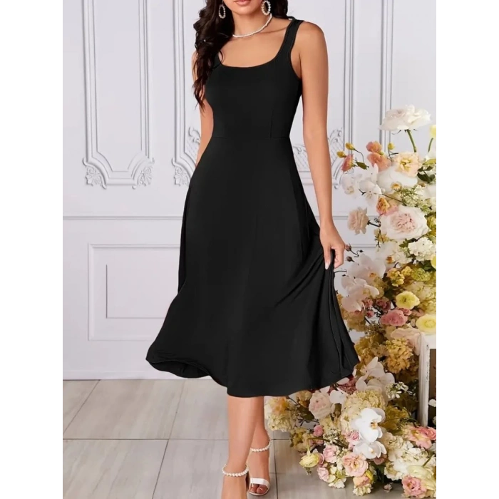 MDB Kadın Askılı Geometrik Yakalı Geniş Kesim Detaylı Ithal Krep Elbise