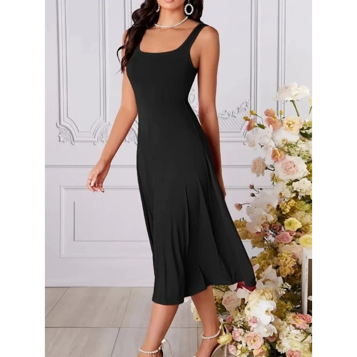 MDB Kadın Askılı Geometrik Yakalı Geniş Kesim Detaylı Ithal Krep Elbise