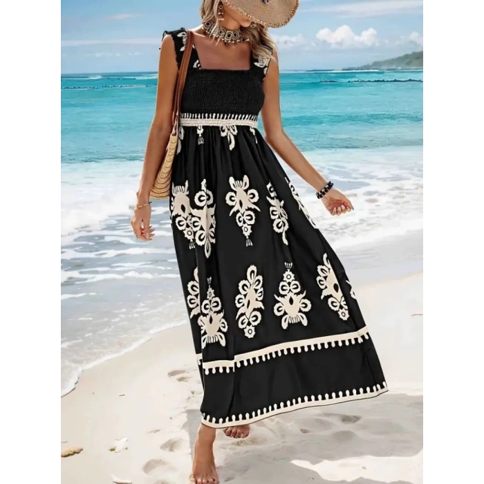 MDB Kadın Askılı Kare Yaka Gipe Detaylı Desenli Suprem Elbise