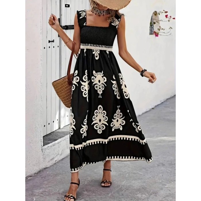 MDB Kadın Askılı Kare Yaka Gipe Detaylı Desenli Suprem Elbise