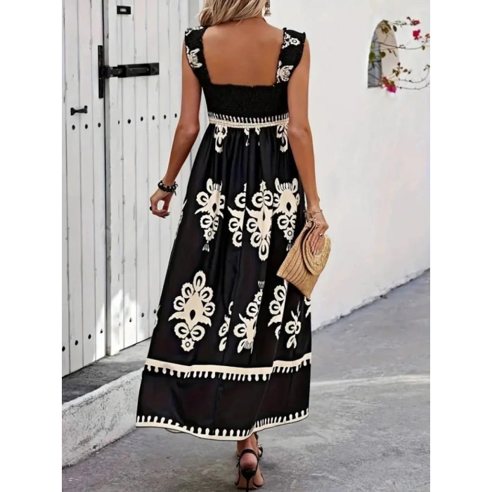 MDB Kadın Askılı Kare Yaka Gipe Detaylı Desenli Suprem Elbise