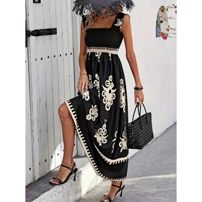 MDB Kadın Askılı Kare Yaka Gipe Detaylı Desenli Suprem Elbise