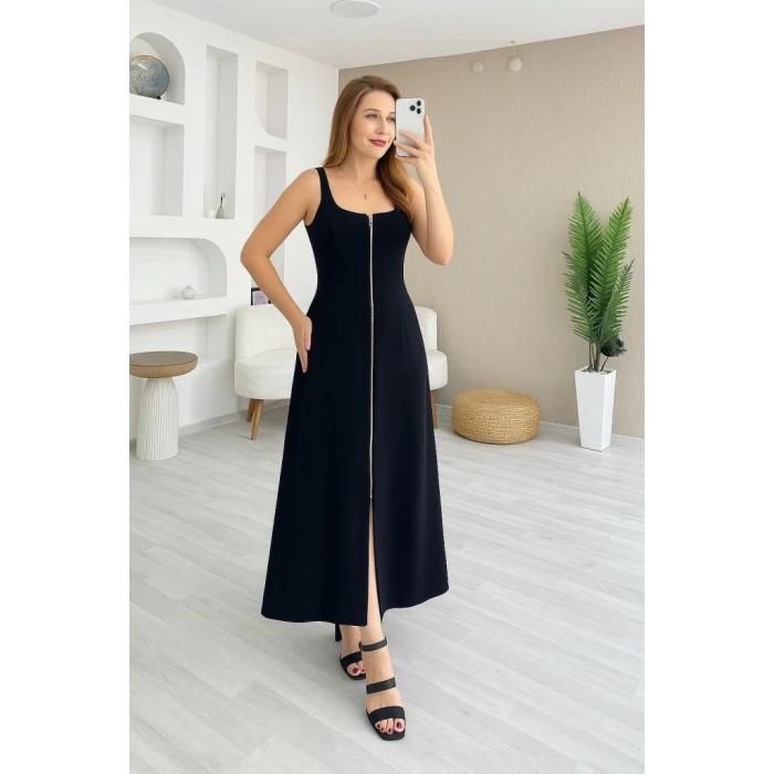 MDB Kadın Askılı Kare Yaka önden Fermuarlı Geniş Kesim Janjan Krep Elbise