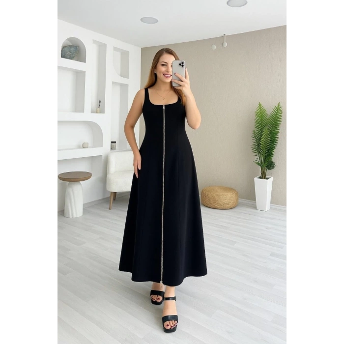 MDB Kadın Askılı Kare Yaka önden Fermuarlı Geniş Kesim Janjan Krep Elbise