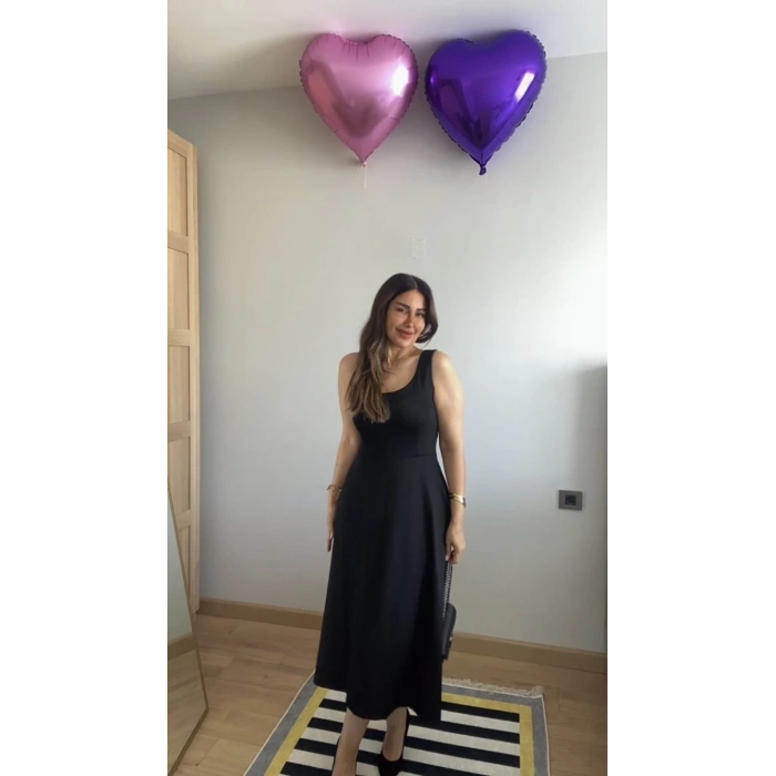 MDB Kadın Askılı Kare Yaka Yırtmaçlı Midi Janjan Krep Elbise