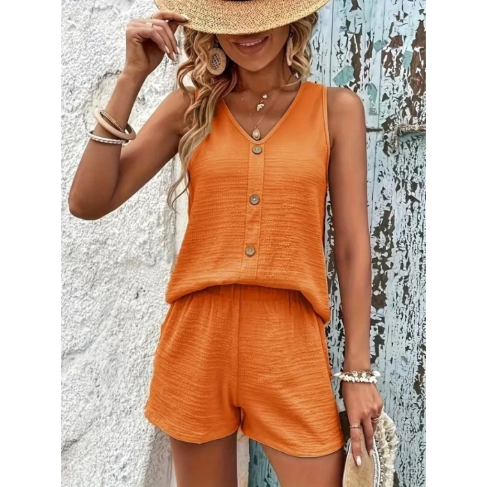 MDB Kadın Askılı Kolsuz V Yakalı önden Düğmeli Bürümcük Bluz Ve Short Ikili Takım