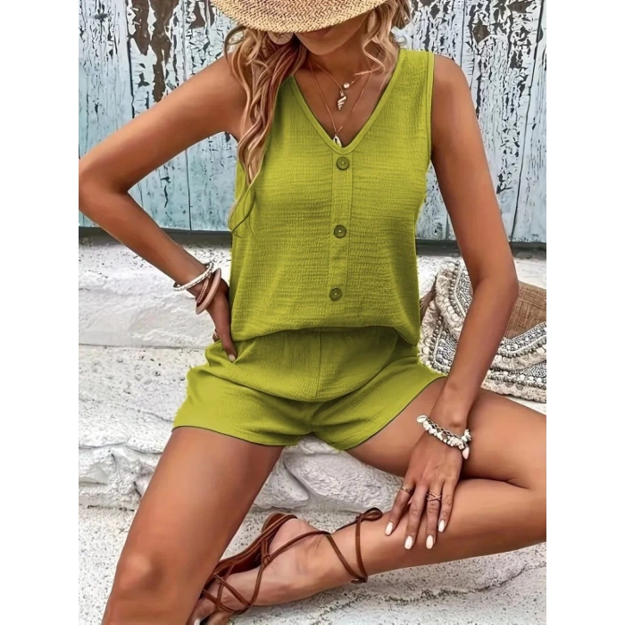 MDB Kadın Askılı Kolsuz V Yakalı önden Düğmeli Bürümcük Bluz Ve Short Ikili Takım