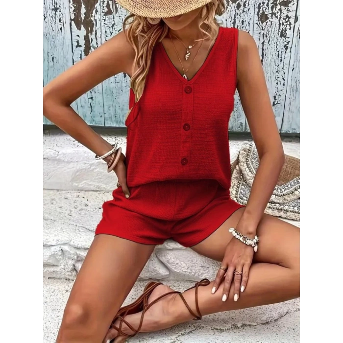 MDB Kadın Askılı Kolsuz V Yakalı önden Düğmeli Bürümcük Bluz Ve Short Ikili Takım