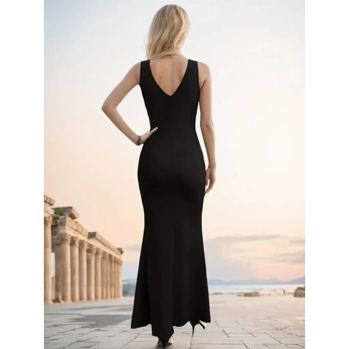 MDB Kadın Askılı Kruvaze Yaka Yırtmaç Detaylı Janjan Krep Elbise