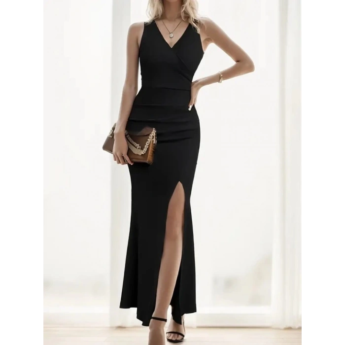 MDB Kadın Askılı Kruvaze Yaka Yırtmaç Detaylı Janjan Krep Elbise